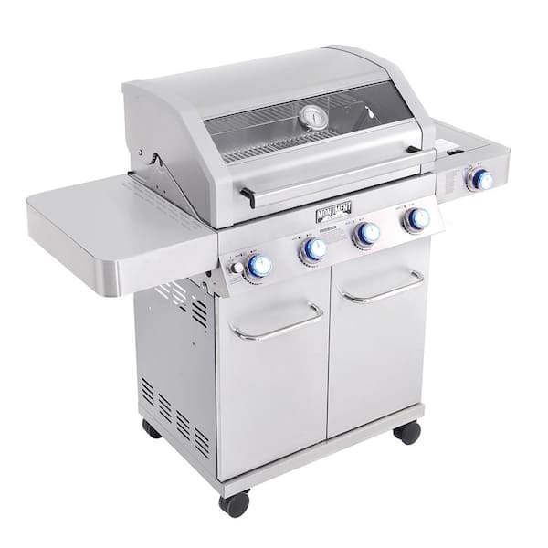 4-Burner Propane Gas Grill in Stainless with Clear View Lid. LED Controls and Side Burner