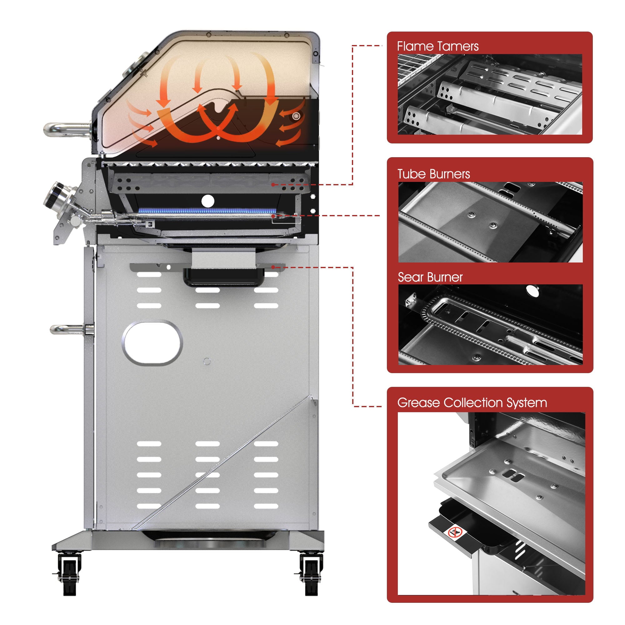 Gourmet GA6402S Stainless Steel Gas Grill. Premier 6-Burner BBQ Grill with Sear Burner and Side Burner. 74.000 BTU. Cabinet Style. Outdoor Party Grill. Silver
