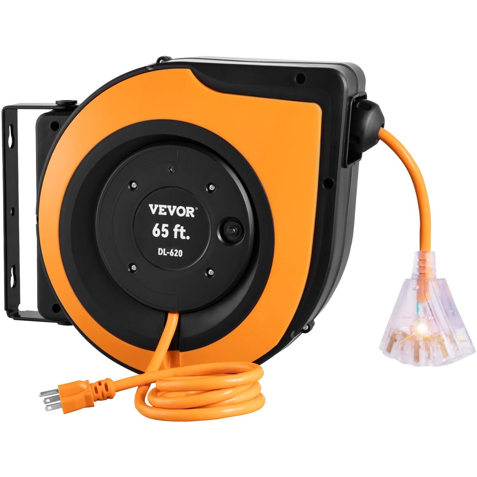 VEVOR Retractable Extension Cord Reel, 65 ft, Heavy Duty 12AWG/3C Sjtow Power Cord, with Lighted Triple Tap Outlet, 15 Amp Circuit Breaker, 180??