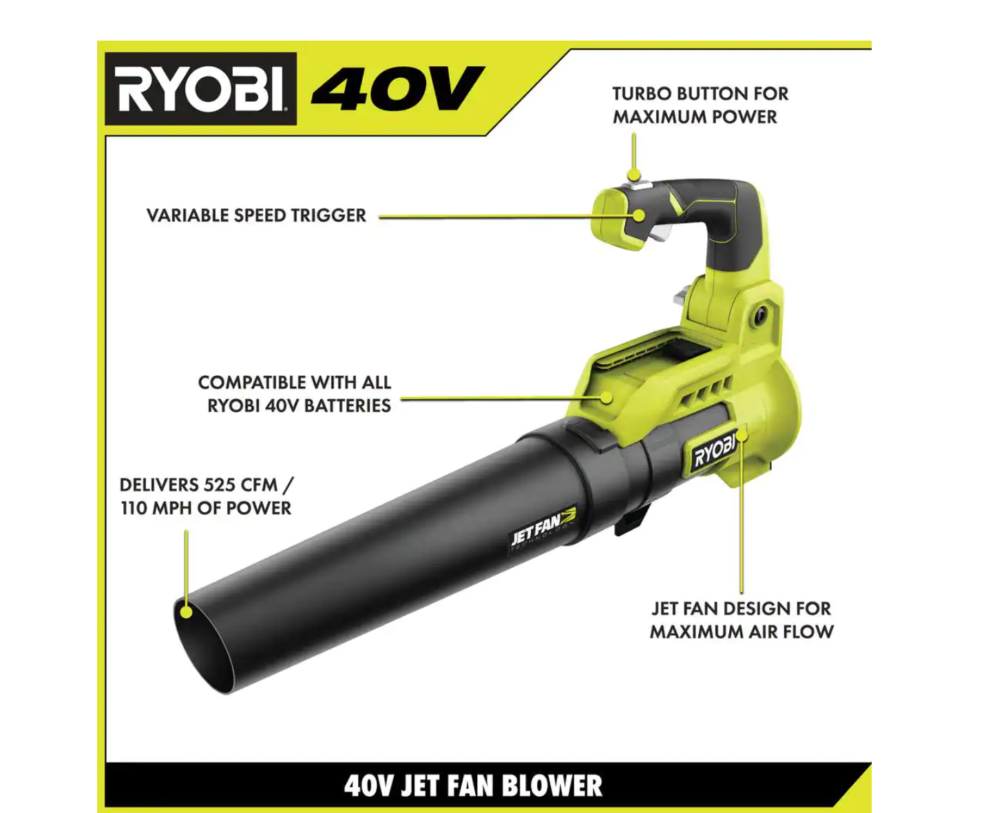 RYOBI RY40451BL 40V Cordless 110 MPH 525 CFM Cordless Leaf Blower and Cordless Leaf VacuumMulcher w 2 Batteries and 2 Chargers - MadeInUSA