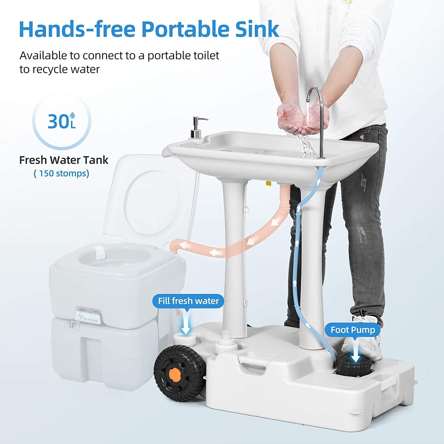 Portable Camping Sink with Rolling Wheels. Hand Washing Station with 30 L Water Capacity. Soap Dispenser. Towel Holder. Ideal for Outdoor