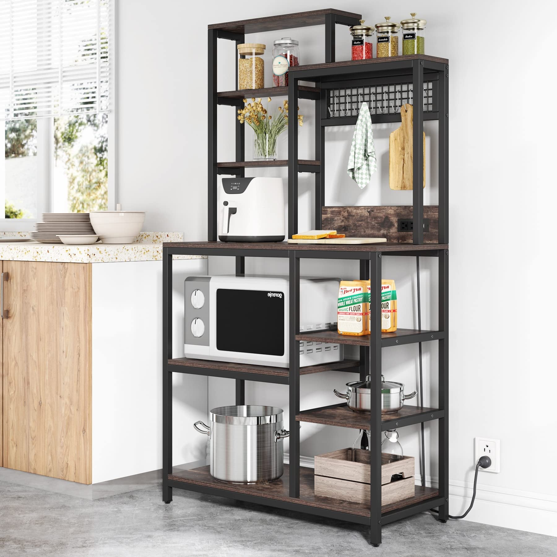 Bakers Rack with Power Outlet. 9-Tier Microwave Stand with Hutch. Kitchen Utility Storage Shelf with 8 S-Hooks. Industrial Coffee Bar Station for Living Room - Rustic Brown