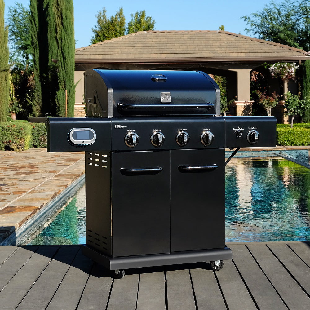4-Burner Smart Gas Grill with Side Searing Burner. Black with Chrome Accents