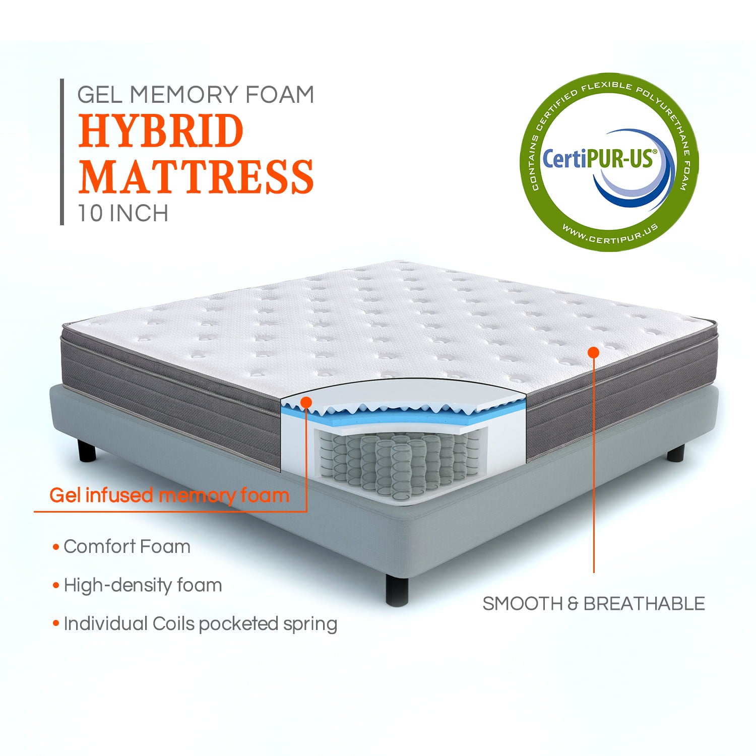 Island 10-Inch Pocket Spring Hybrid Mattress in a Box. Queen Mattress