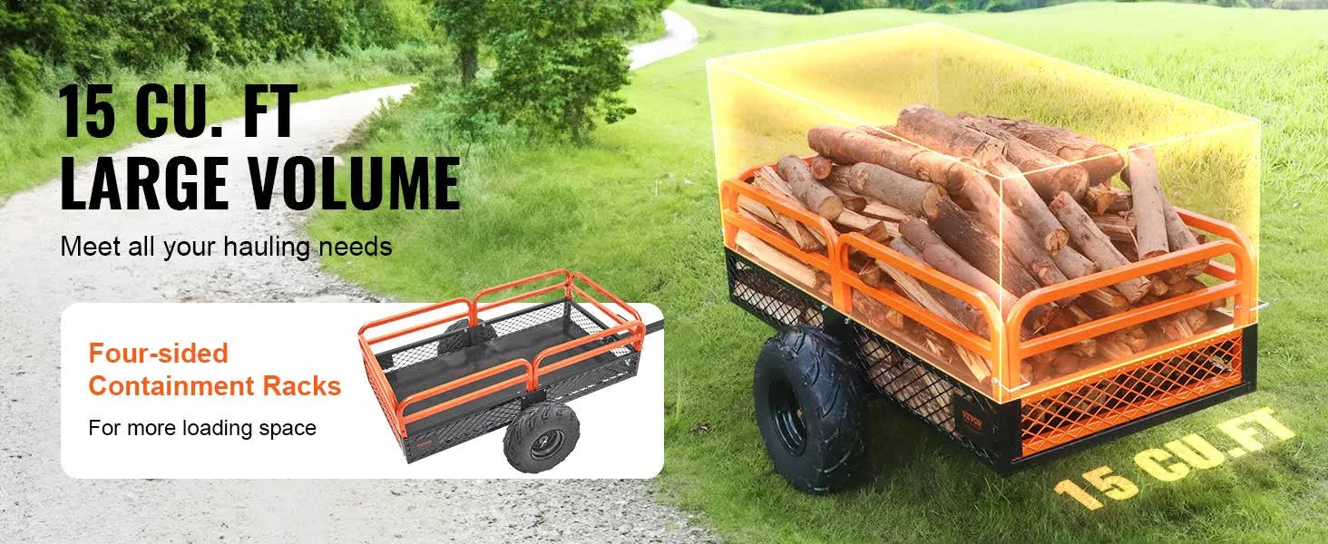 VEVOR Heavy Duty Steel ATV Dump Trailer. 1500-Pound Load Capacity 15 Cubic Feet. Tow Behind Dump Cart Garden Trailer. with Removable Sides and 2 - MadeInUSA