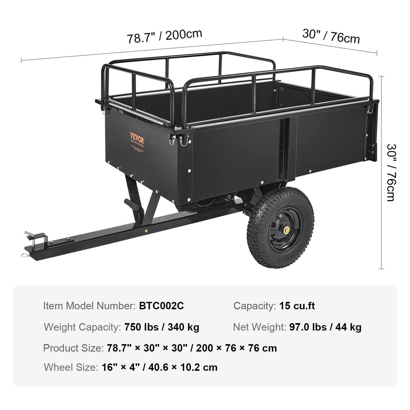 VEVOR Heavy Duty ATV Trailer Steel Dump Cart. 750-Pound 15 Cubic Feet. Garden Utility Trailer with Removable Sides for Riding L - MadeInUSA
