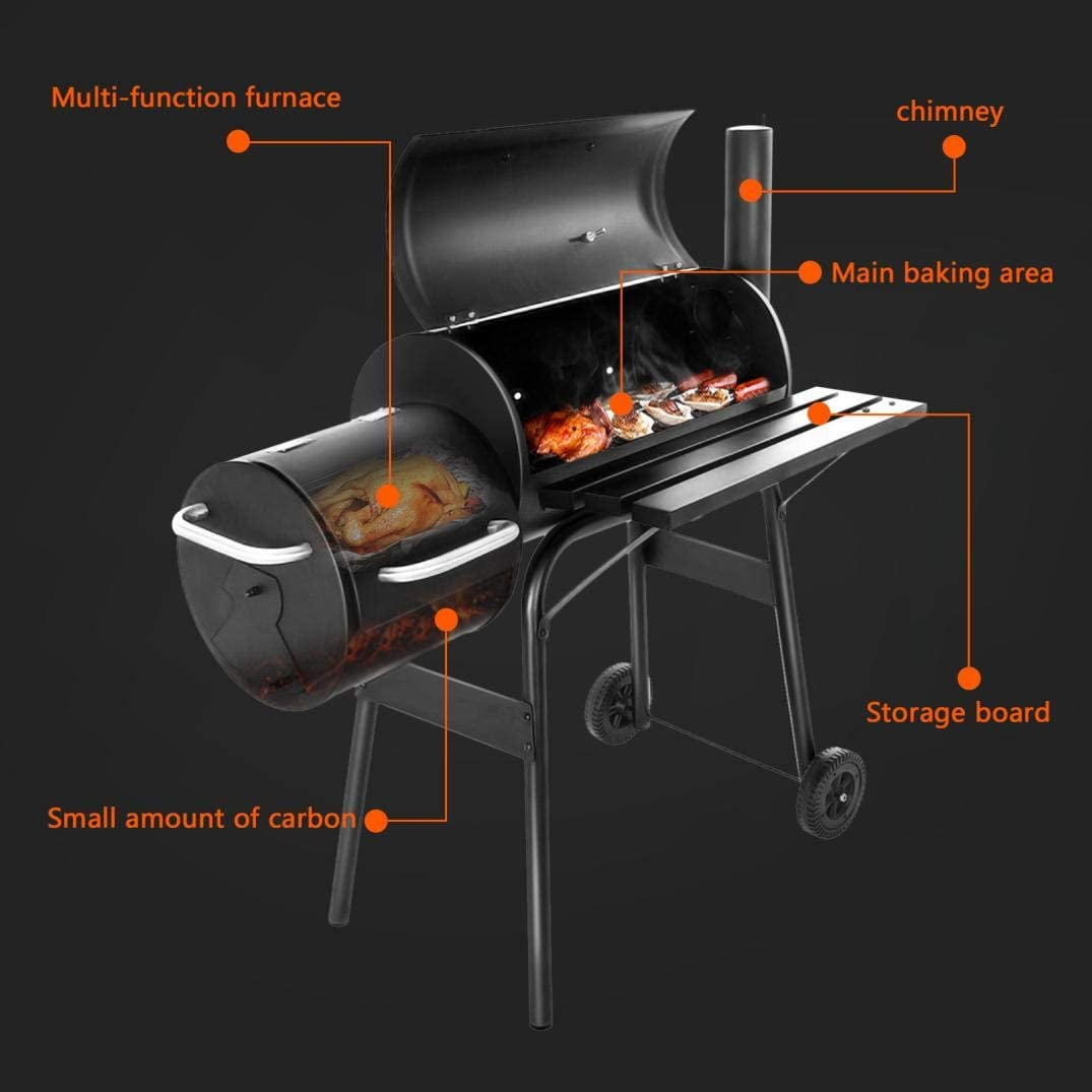 Outdoor Portable BBQ Charcoal Grill with Offset Smoker. Black