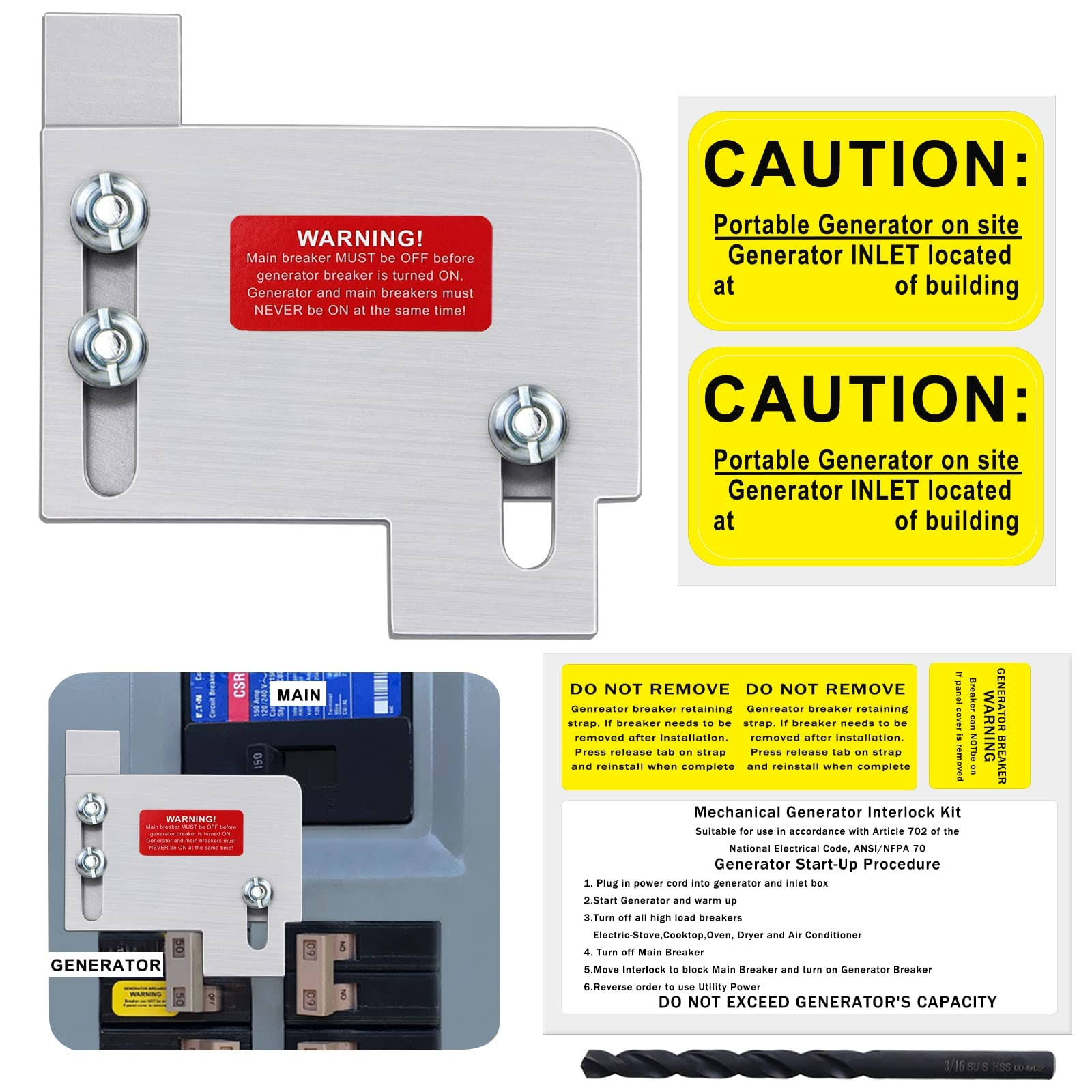 Flngr Generator Interlock Kit Compatible with Horizontal Main Cutler Hammer Only CH Series Tan Breaker 150 or 200 Amp Panels, 1 1/2 inch Spacing