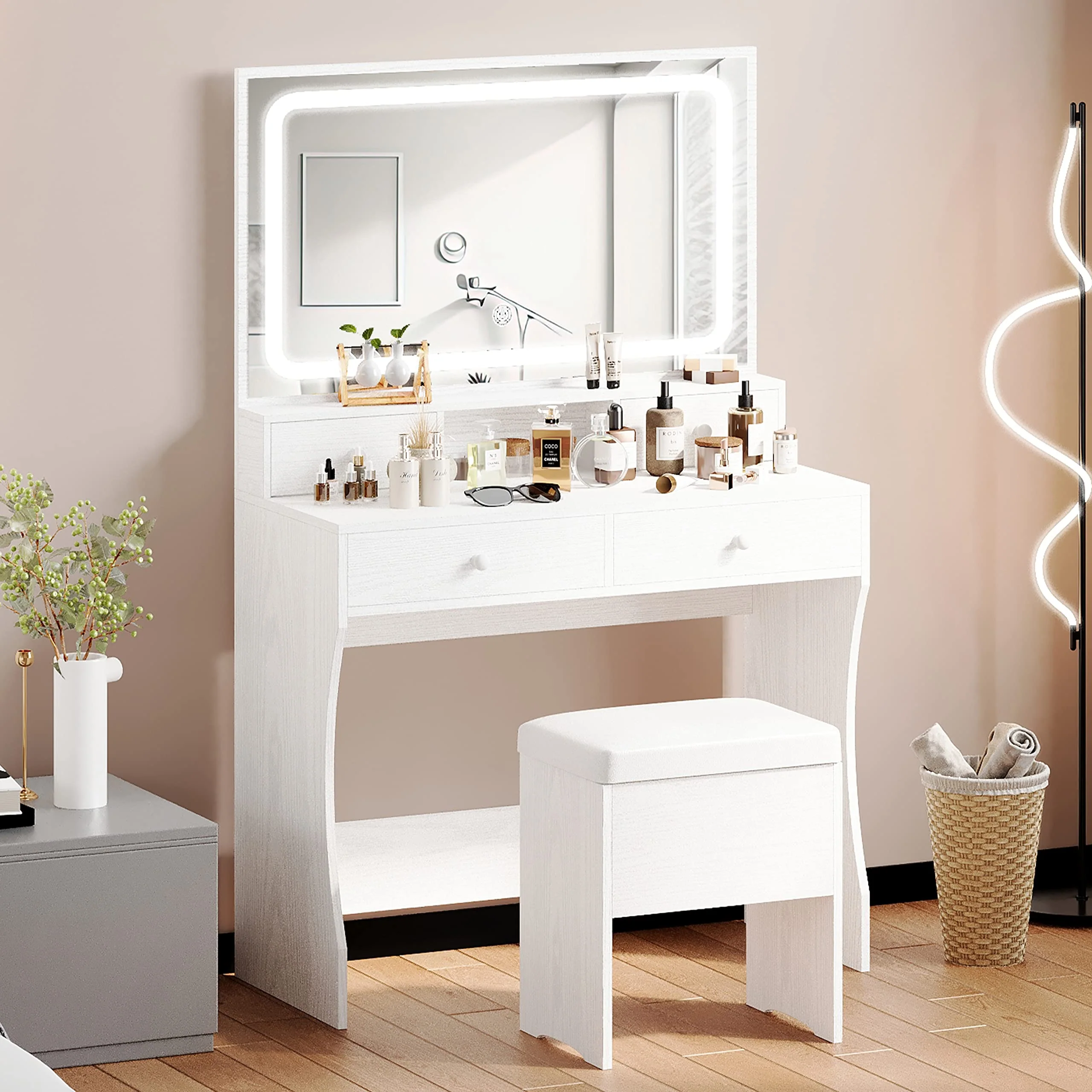 IRONCK Vanity Desk Set with LED Lighted Mirror & Power Outlet