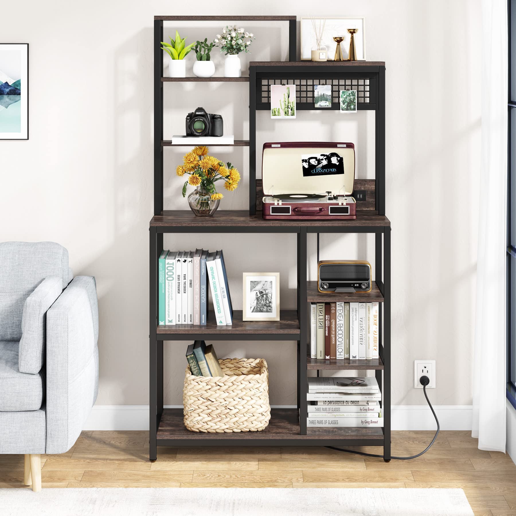 Bakers Rack with Power Outlet. 9-Tier Microwave Stand with Hutch. Kitchen Utility Storage Shelf with 8 S-Hooks. Industrial Coffee Bar Station for Living Room - Rustic Brown