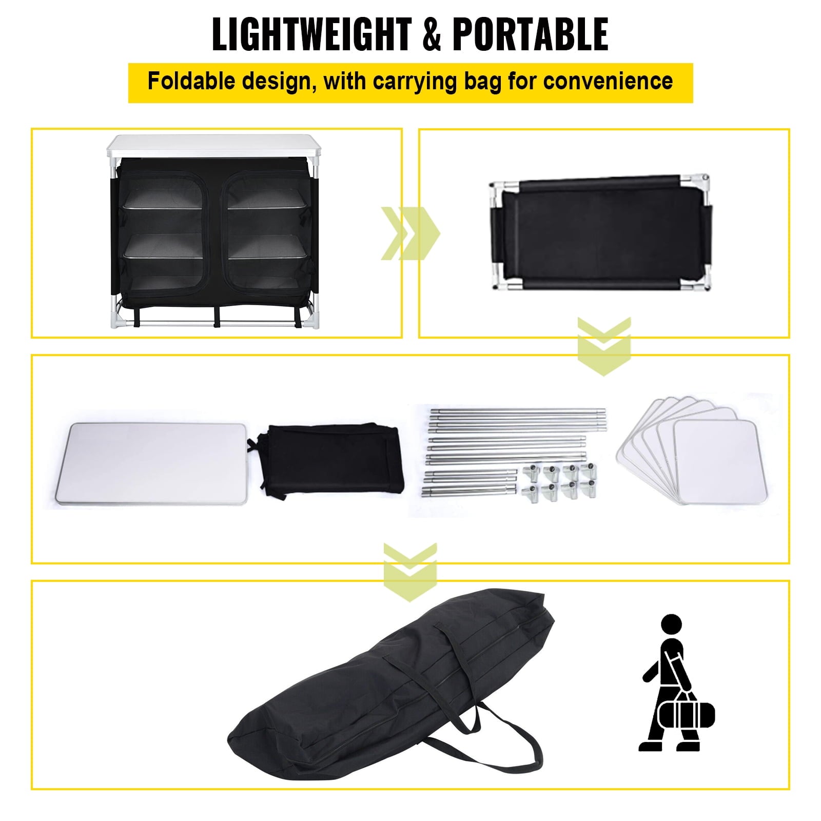 Camping Kitchen Station. Aluminum Portable Folding Cook Table with Storage Organizer and Carrying Bag. Quick Installation for Outdoor BBQ Party Backyards and Tailgating. Black