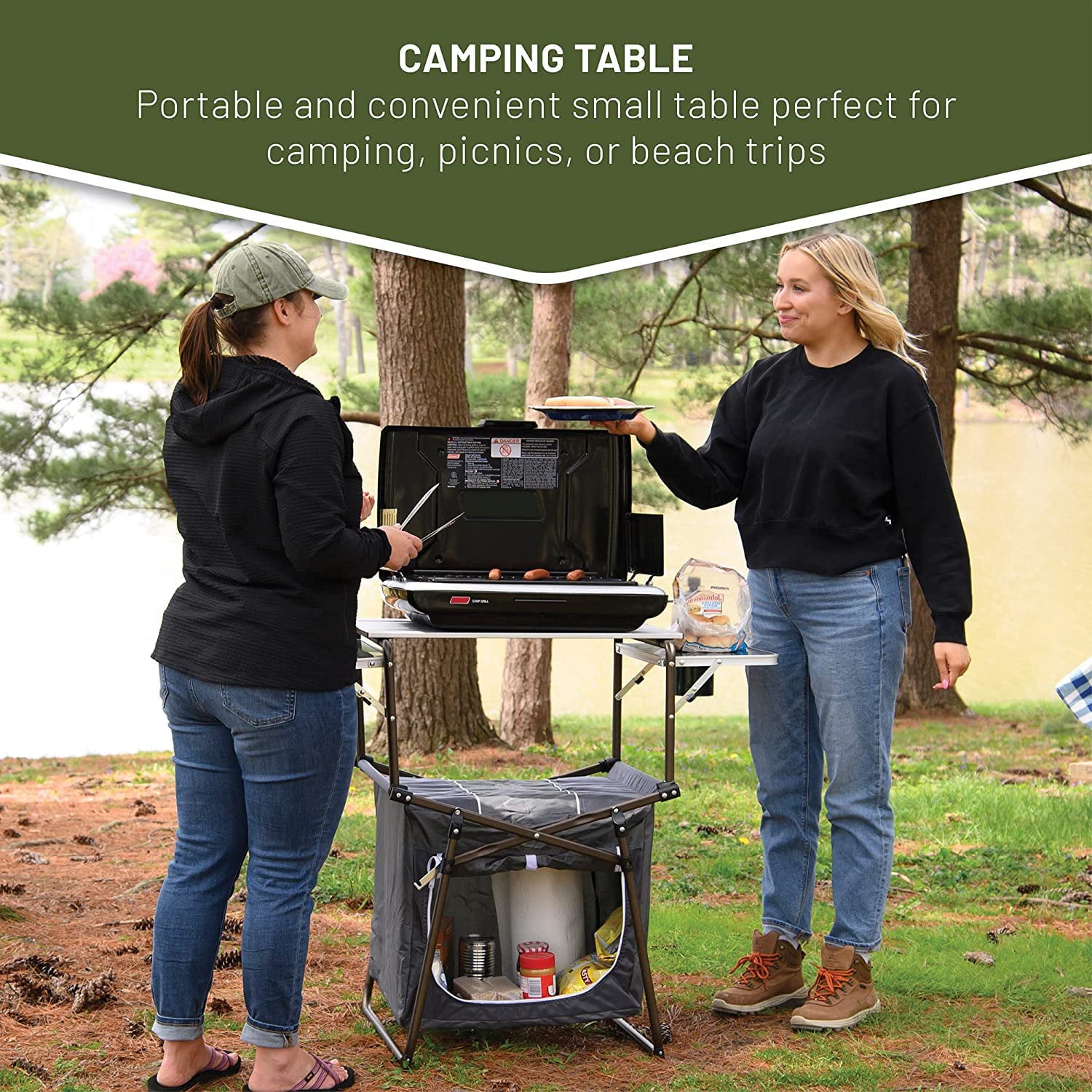 Folding Kitchen Lightweight Portable Aluminum Storage and Carry Bag. Camp Cook Station. Foldable Grill Table for BBQ. Picnic. Backyard. 42.13X13.58X31.3/33.46 inches. Gray
