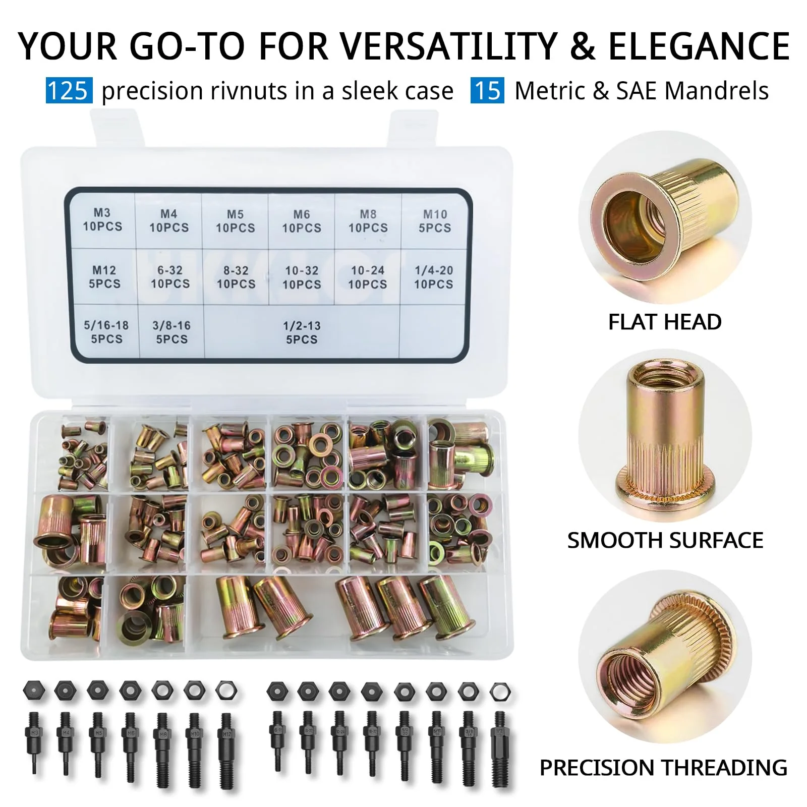 AKKTOL 16 Rivnut Tool Kit with 15 Metric and SAE Mandrels