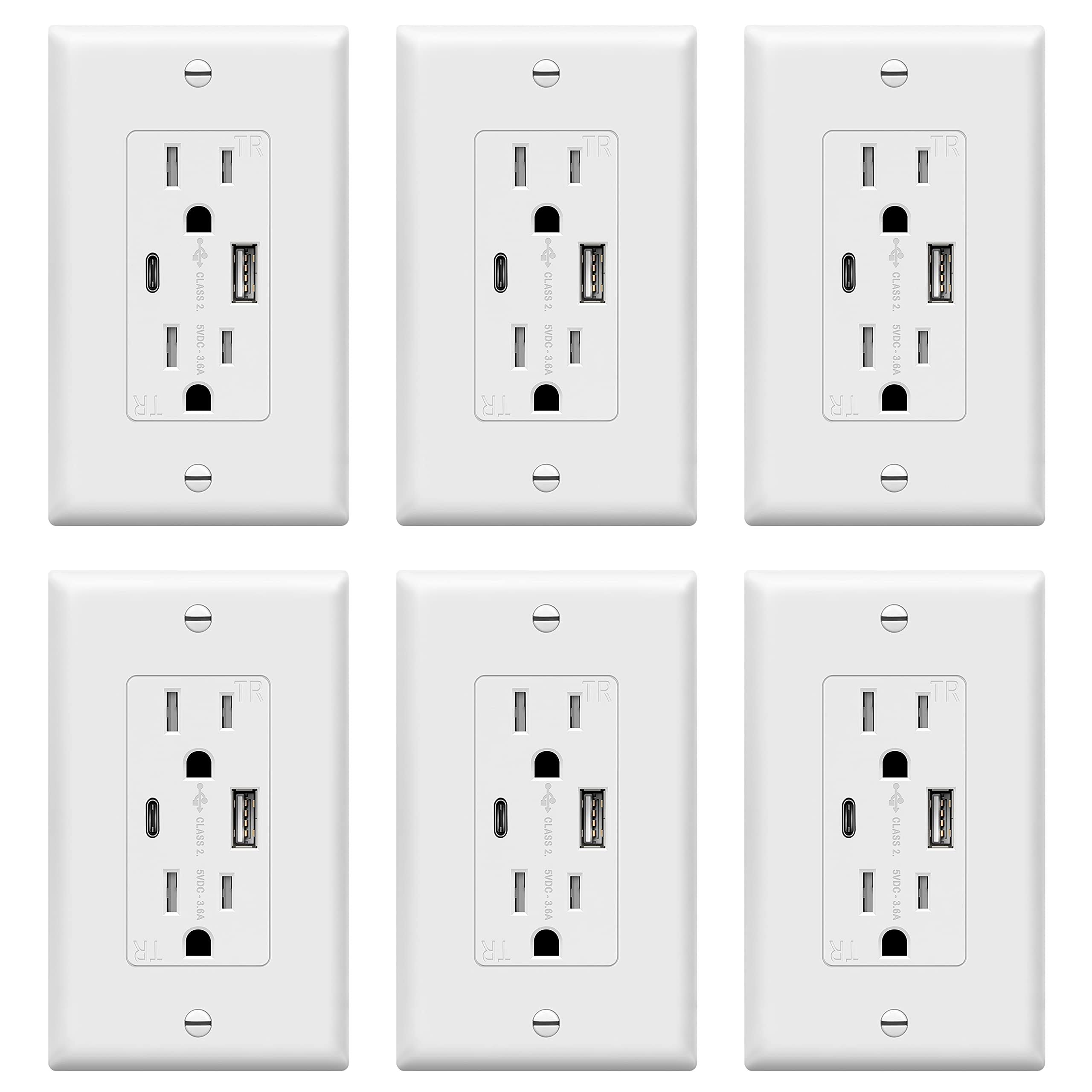 TOPGREENER USB Outlet, Type C Wall Charger 15 Amp TR Receptacle Plug, Charging Power Outlet with Ports, Electrical Socket, UL Listed, TU21536AC-W-6PCS