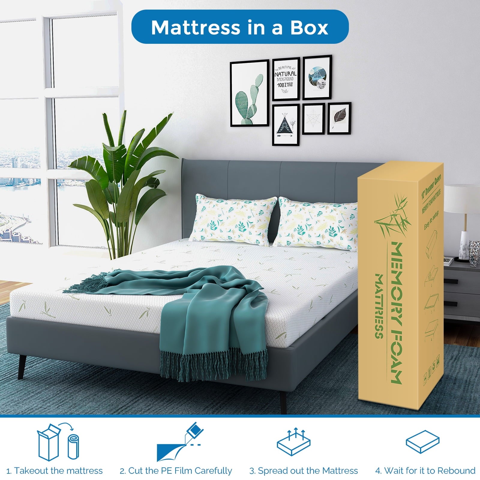 Mattress. 6 inch Memory Foam Mattress Bed in a Box. with Green Tea Cooling Gel. Made in USA