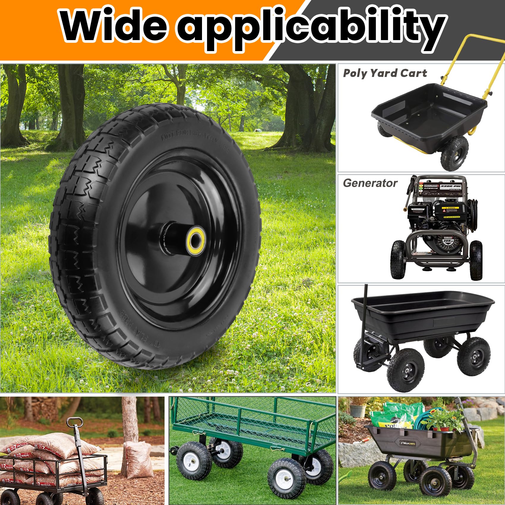 Pontuss 13 Flat Free Wheels Replacement for GOR Garden Cart