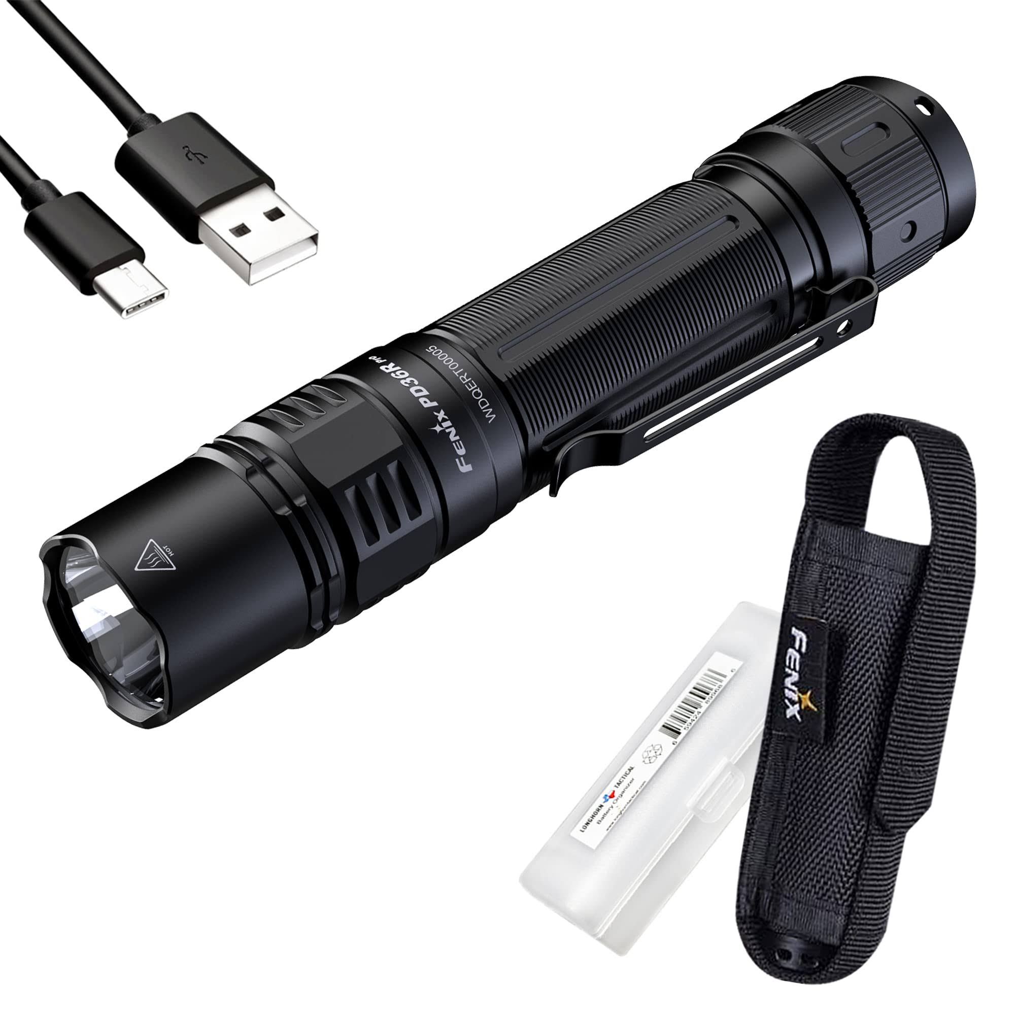 Fenix PD36R Pro Rechargeable Tactical Flashlight, 2800 Lumen Dual Rear Switches USB-C with Battery and LumenTac Organizer
