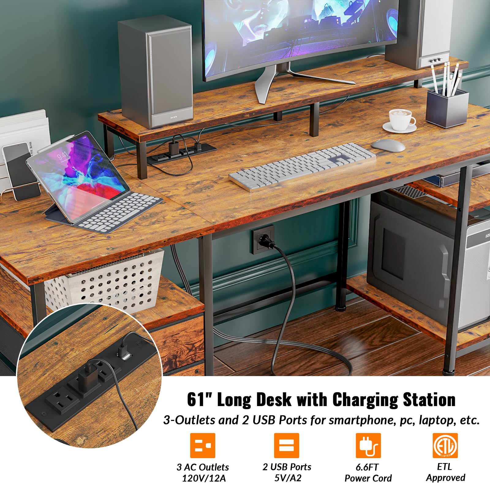 Furologee 61 Computer Desk with Power Outlet and USB Ports