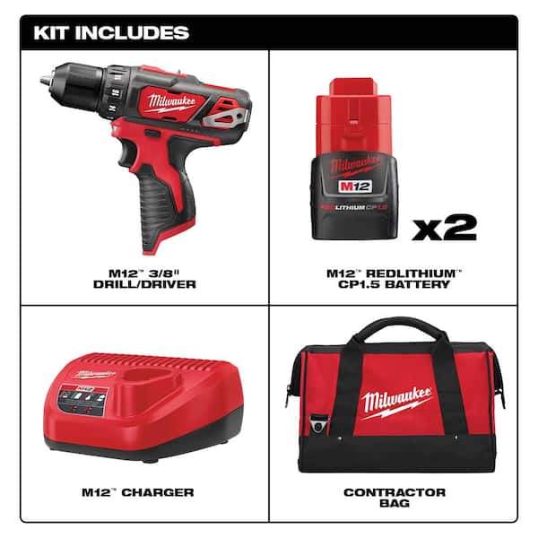 M12 12V Lithium-Ion Cordless 3/8 in. Drill/Driver Kit with Two 1.5 Ah Batteries. Charger and Tool Bag