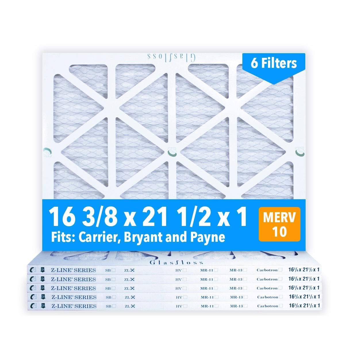 Glasfloss 16-3/8 x 21-1/2 x 1 MERV 10 Air Filters Pleated Made in USA Case of 6 Fits Listed Models of Carrier Bryant Payne Removes Dust