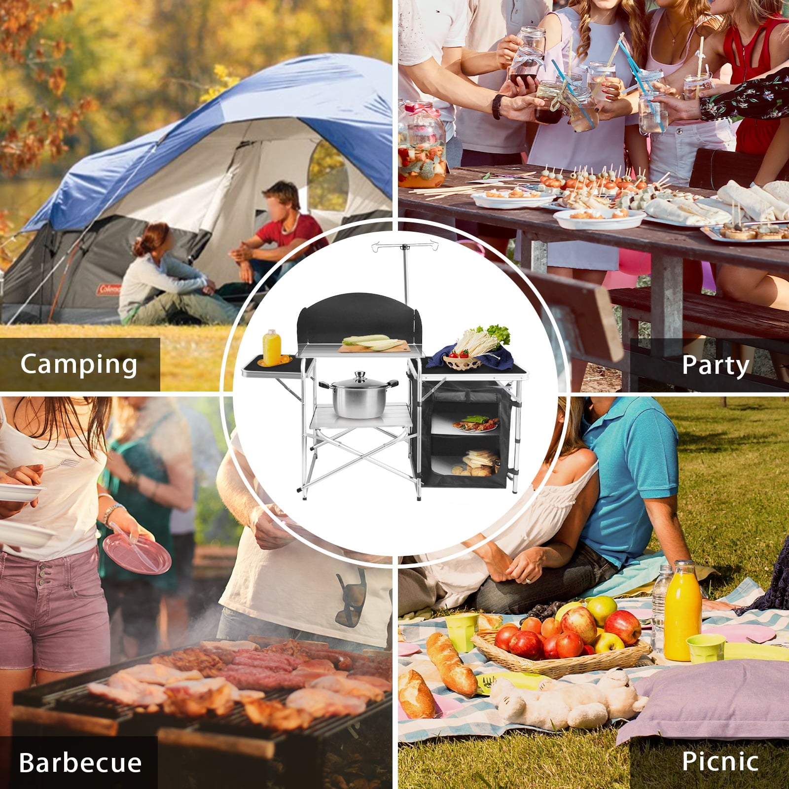 Camping Kitchen Station Aluminum Outdoor Cook Table Camping Table Black