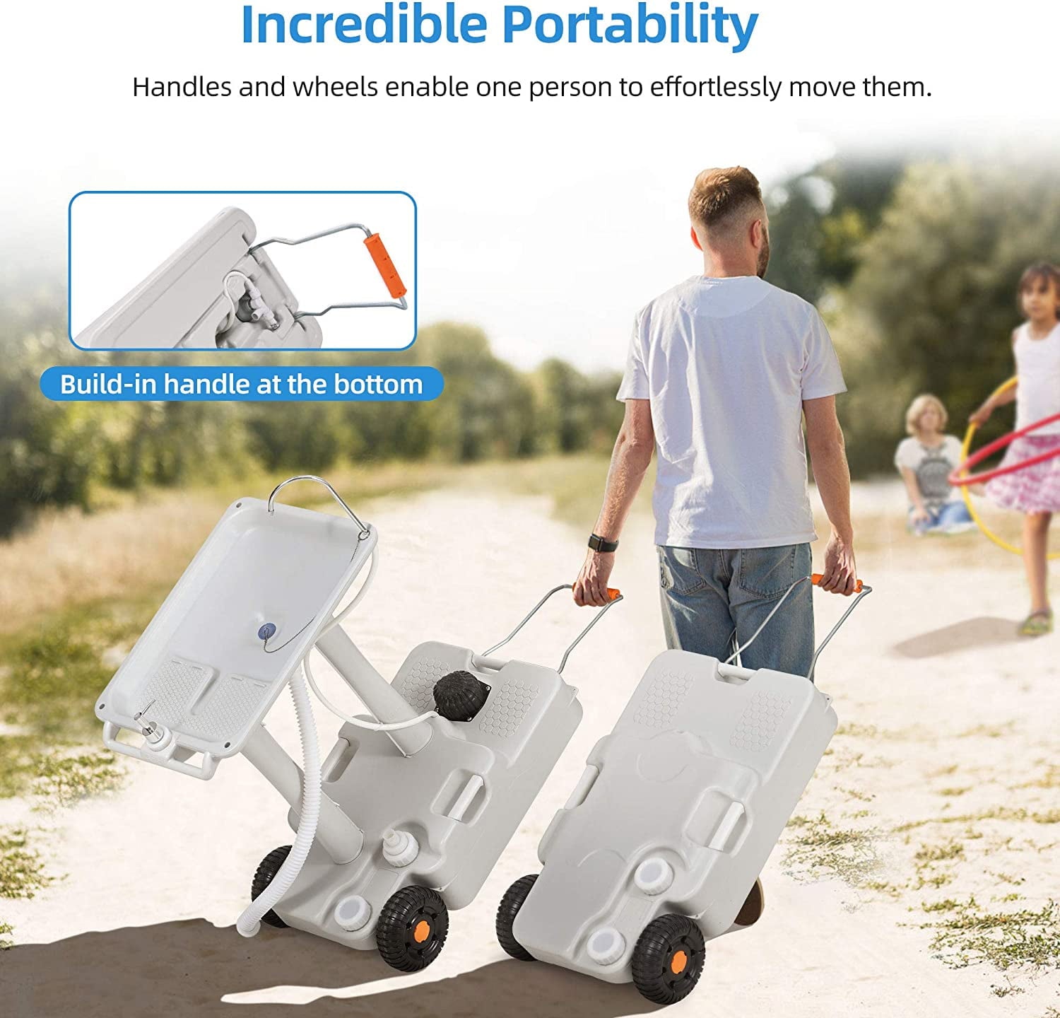 Portable Sink Camping 30 L with Rolling Wheels. Hand Washing Station with 30 L Sewage Tank. Rolling Wheels. Soap Dispenser. Towel Holder. Ideal for Outdoor. White