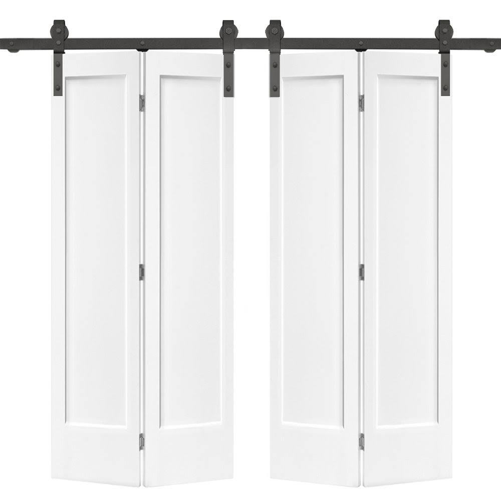 CALHOME 48 in. x 80 in. 1 Panel Shaker Primed MDF Composite Double Bi-Fold Barn Door with Sliding Hardware Kit, Primed White
