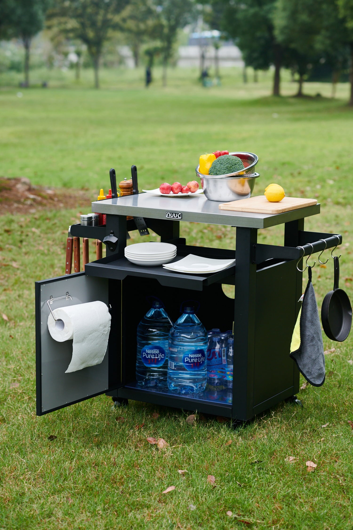 Deluxe 30IN Outdoor Rolling Grill Cook Station. Bar Table with Patio Storage Cabinet and Outdoor Dining Table. Black
