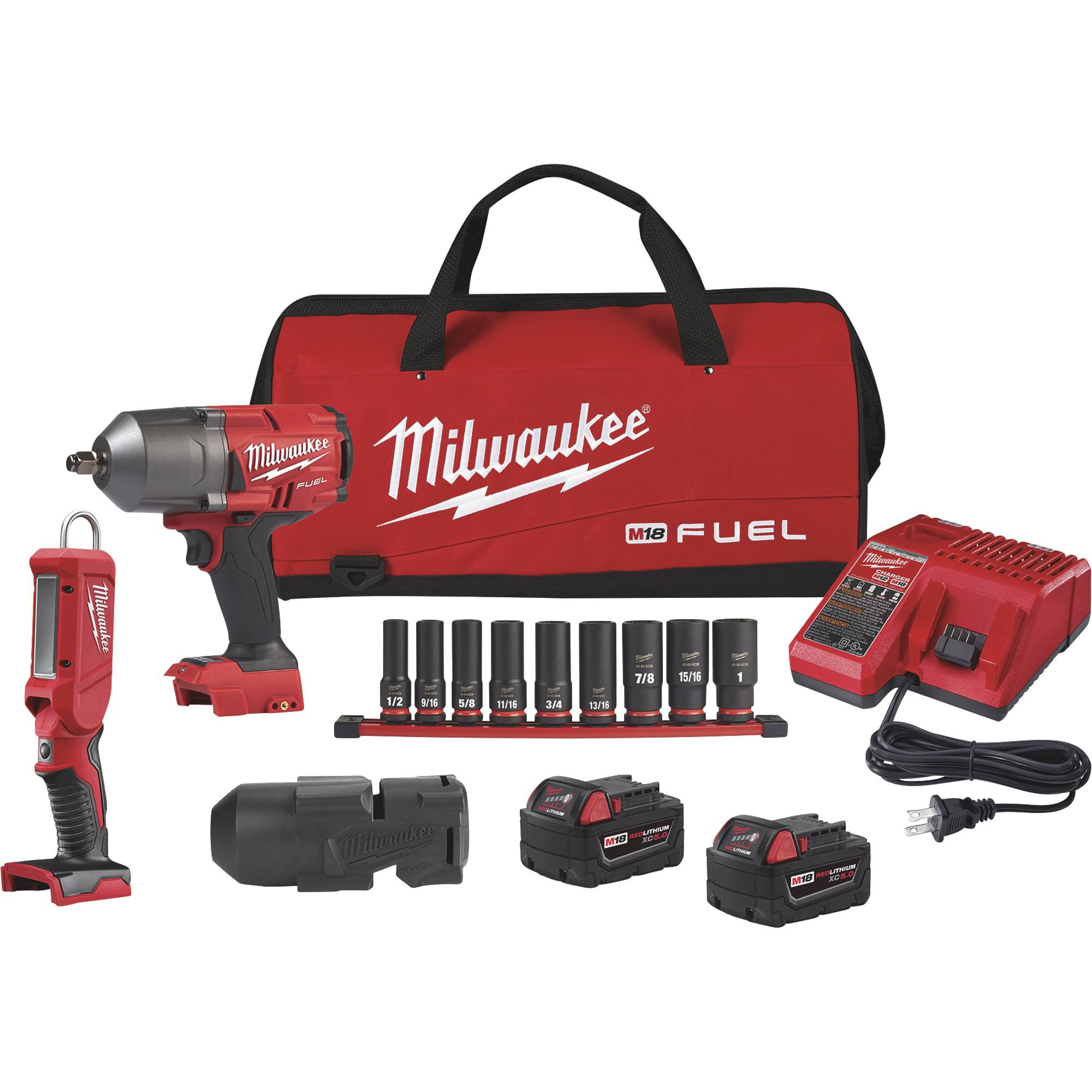 Milwaukee 2767-22S2 M18 Fuel Li-ion 0.5in. Impact Wrench, LED Stick Light and Impact Socket Set 2 Batteries