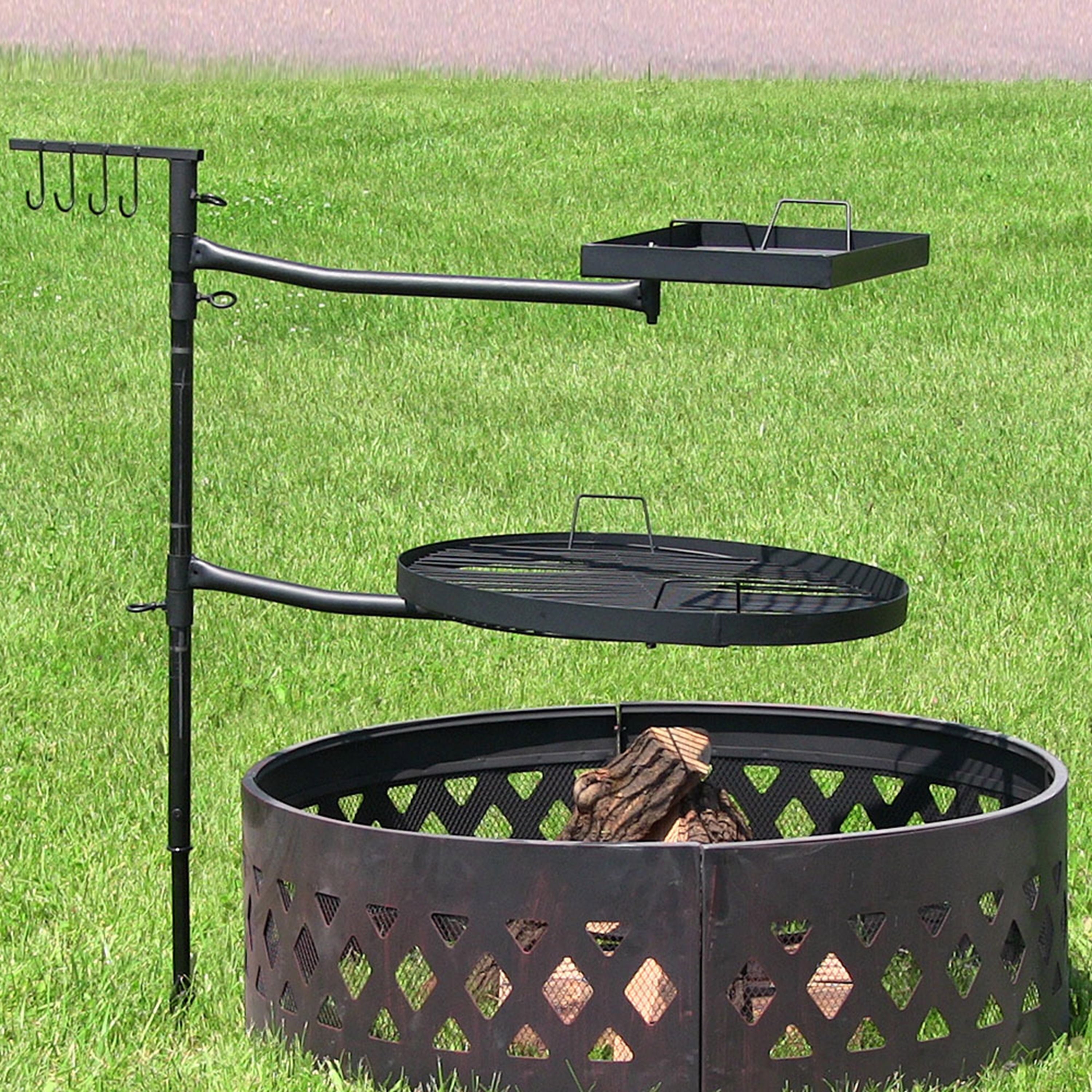 Outdoor Camping or Backyard Steel Adjustable Cooking Grilling Fire Pit BBQ Stake with 2 Swivel Swing Grates