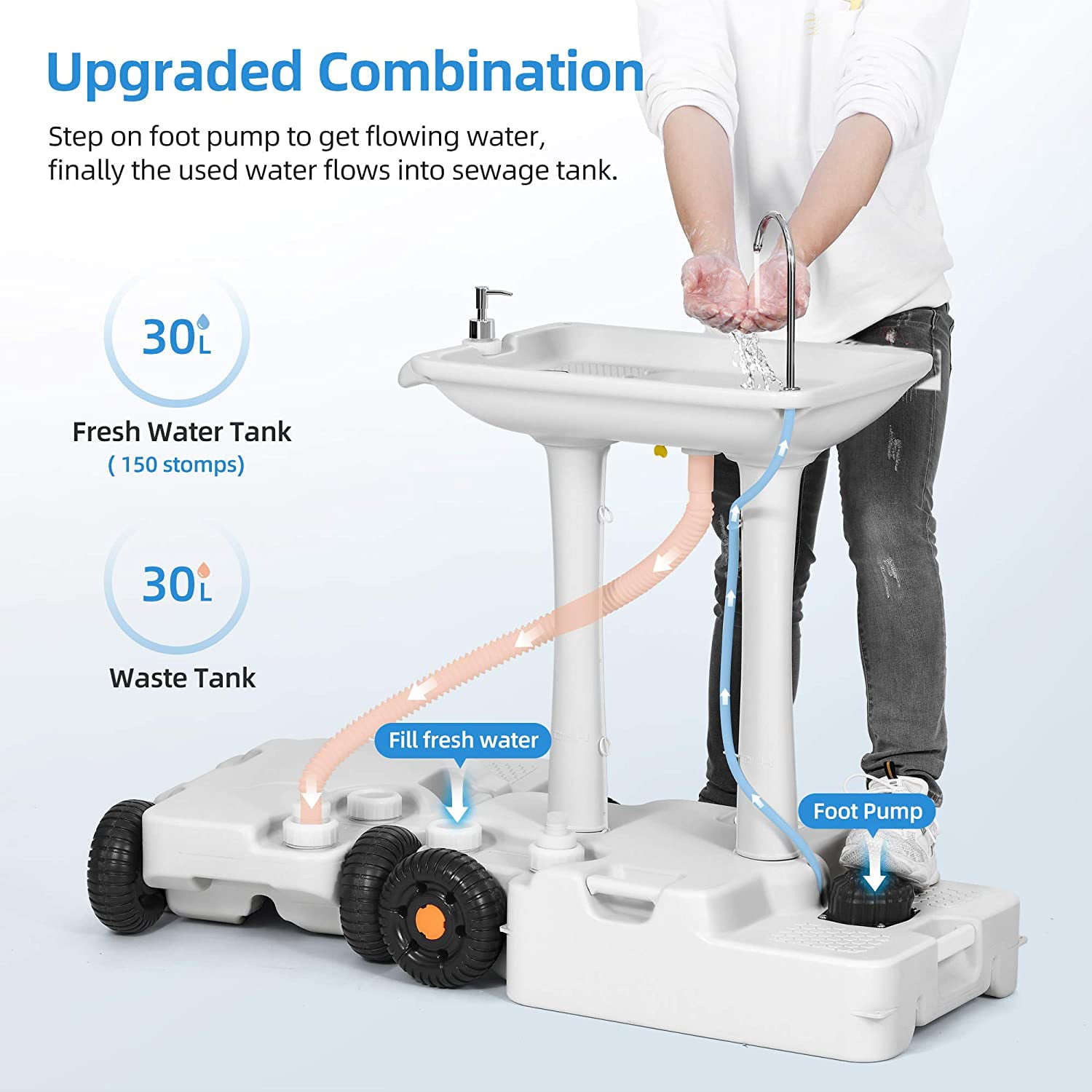 Portable Sink Camping 30 L with Rolling Wheels. Hand Washing Station with 30 L Sewage Tank