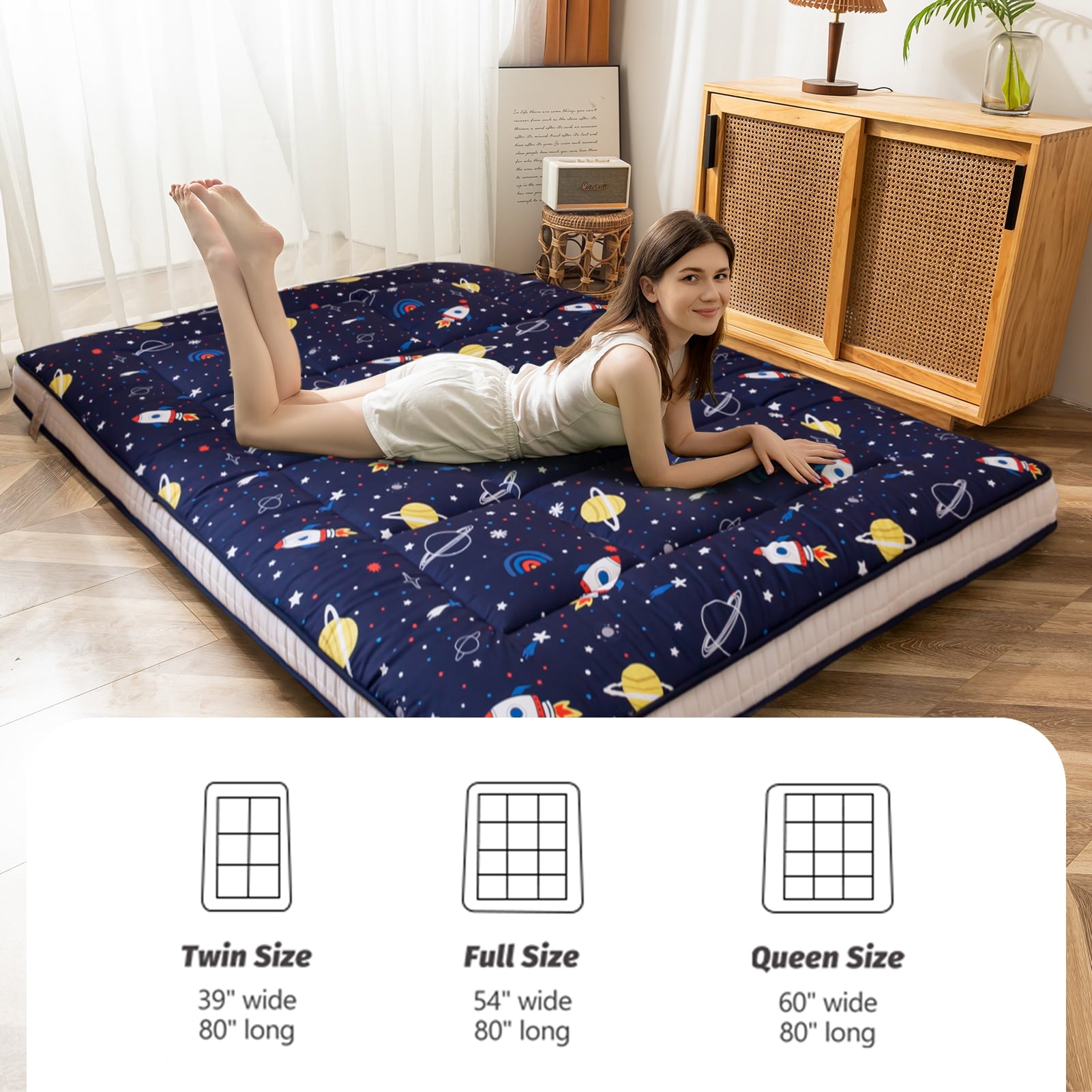 Thick Futon Floor Mattress. Memory foam Padded Japanese Floor Mattress. Navy Space. Twin