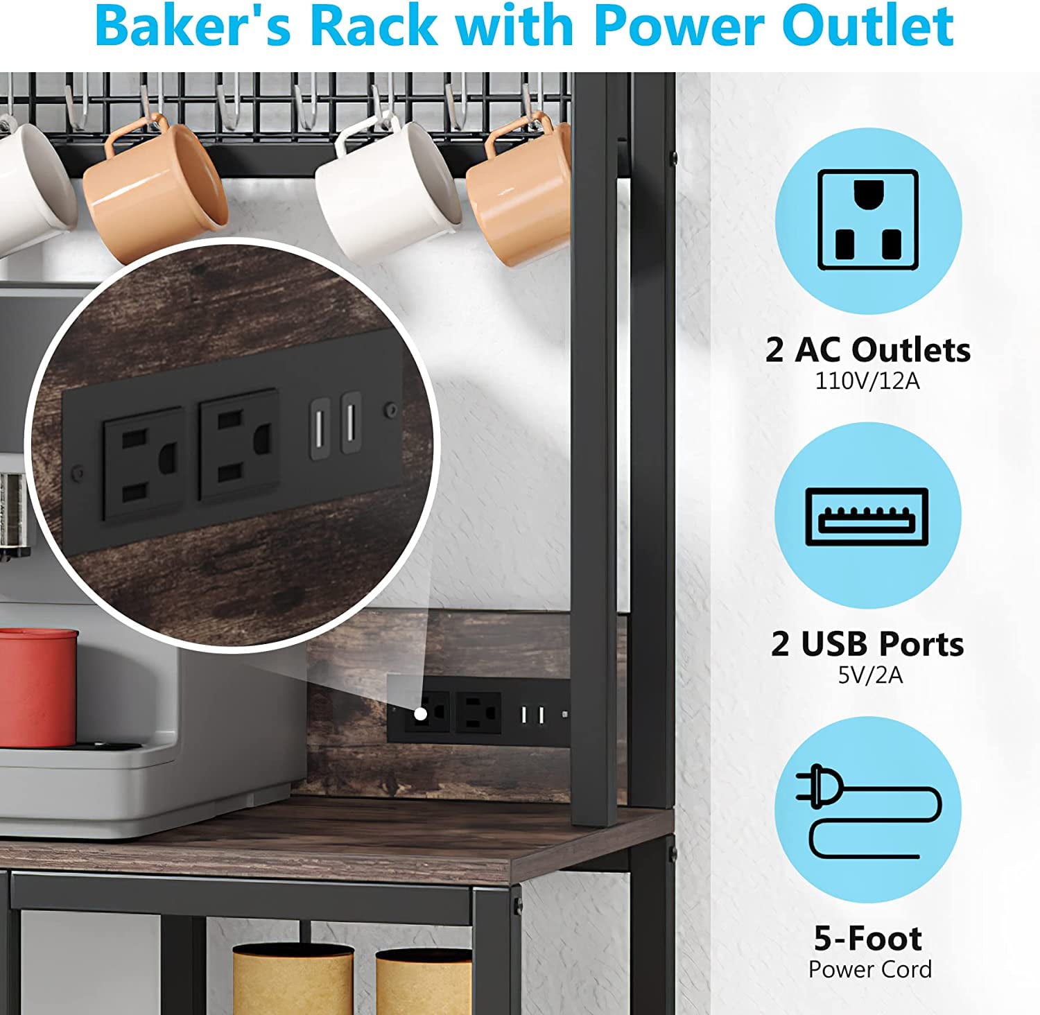 Bakers Rack with Power Outlet. 9-Tier Microwave Stand with Hutch. Kitchen Utility Storage Shelf with 8 S-Hooks. Industrial Coffee Bar Station for Living Room - Rustic Brown