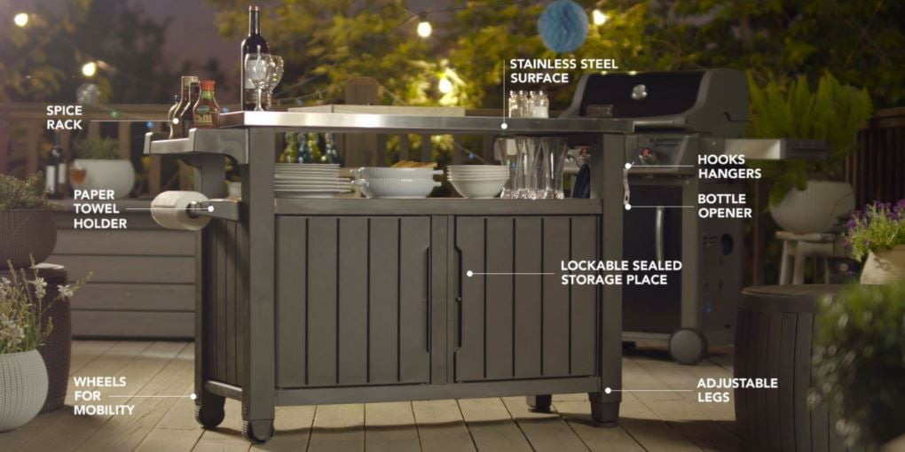 Unity XL Portable Outdoor Table and Storage Cabinet with Accessory Hooks. Espresso Brown