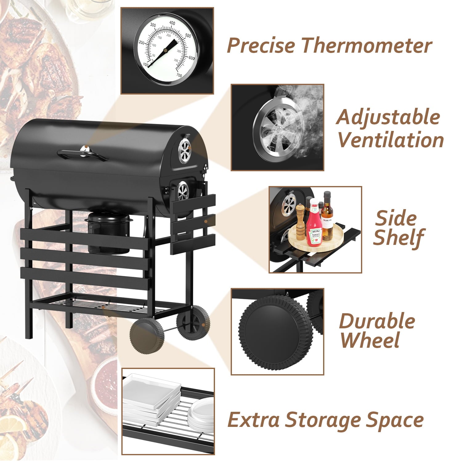 29�� Barrel Outdoor Charcoal Grill with Side Shelf and Wheels. Black