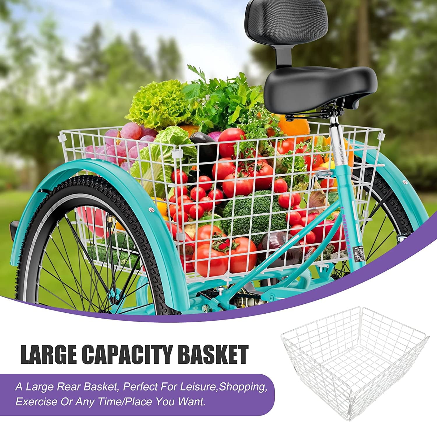 Adult Tricycle 20/24/26 inch 7 Speed. Three Wheel Bicycle for Adult. Trike Cruiser W/ Tools & Big Basket for Exercise Shopping Picnic Outdoor Activities