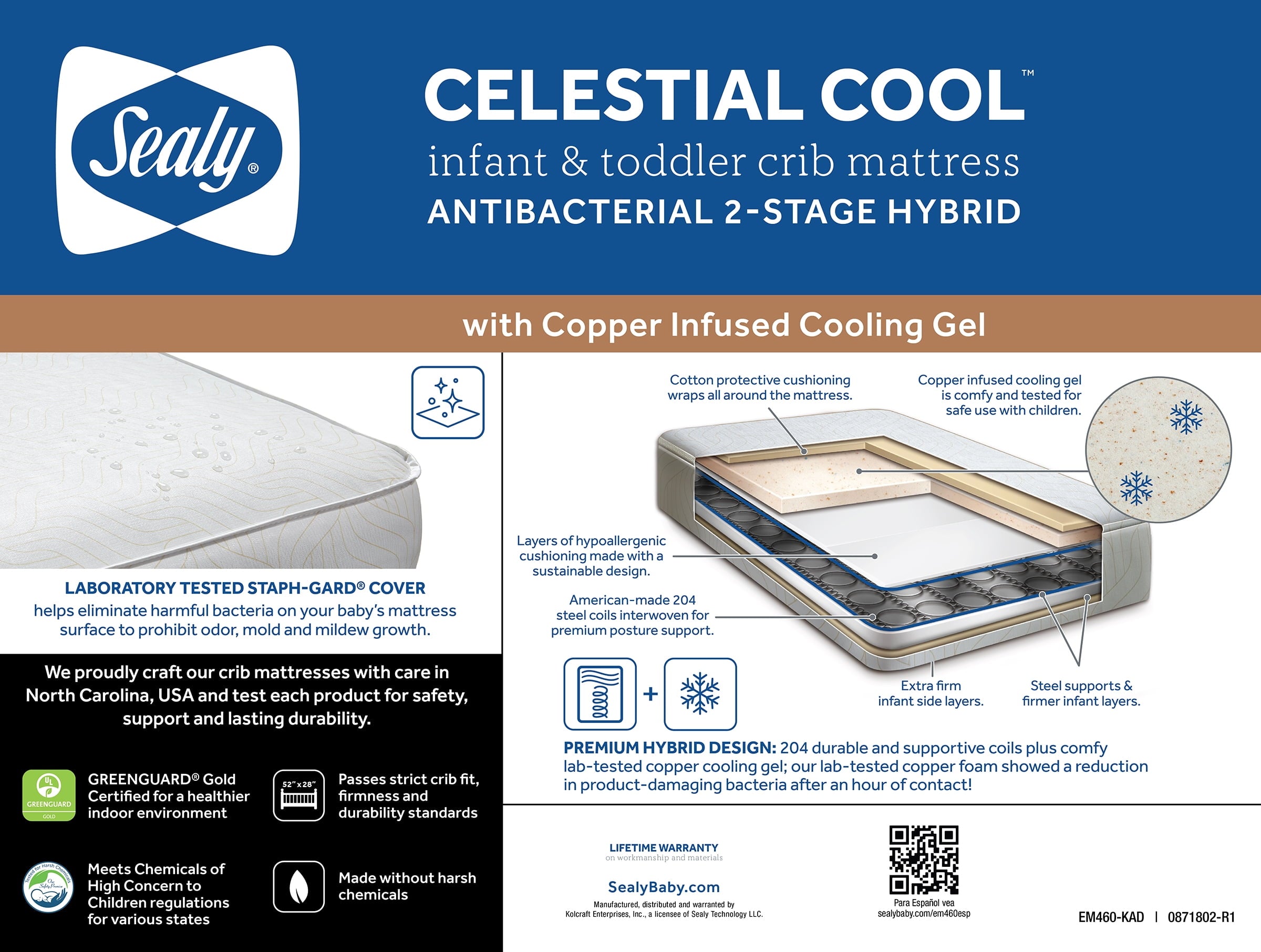 Celestial Cool Ultra-Premium 2-Stage Hybrid Antibacterial Crib & Toddler Mattress. Cool Copper Gel
