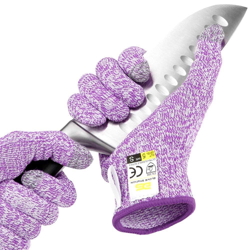 Station Ultra Durable Series Cut Resistant Gloves - Cutting Gloves for Chefs. BBQ and Cooking - Level 5 Protection; Food Grade Safe Cut Proof Gloves - Purple. Medium Size