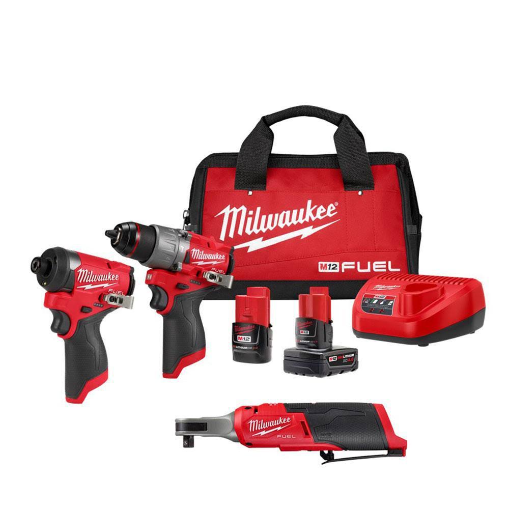 Milwaukee M12 Fuel 12-Volt Lithium-Ion Cordless Hammer Drill/Impact Driver/3/8 in. Ratchet Combo Kit (3-Tool)