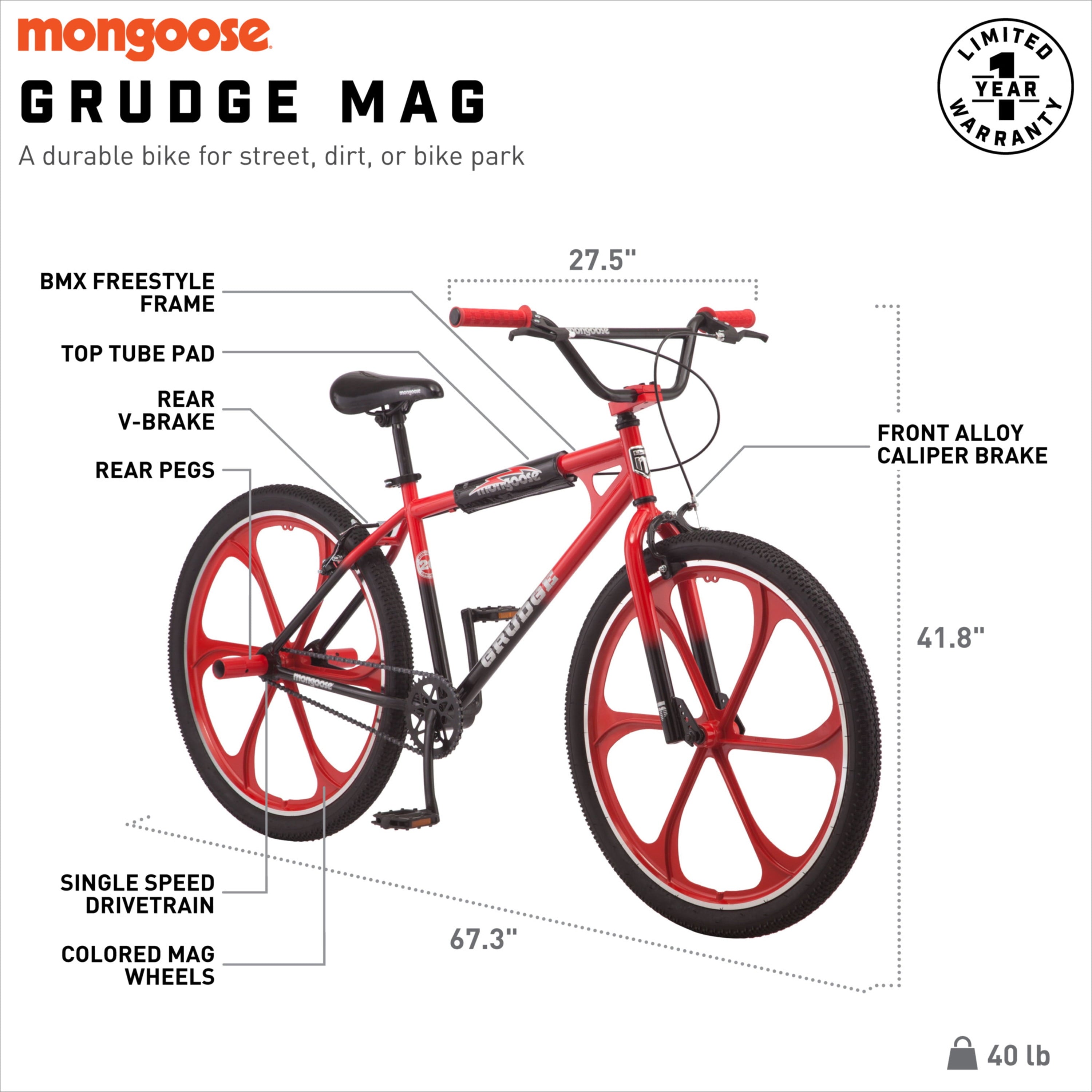 26 In. Grudge Mag BMX Freestyle Bike. Single Speed. Red / Black