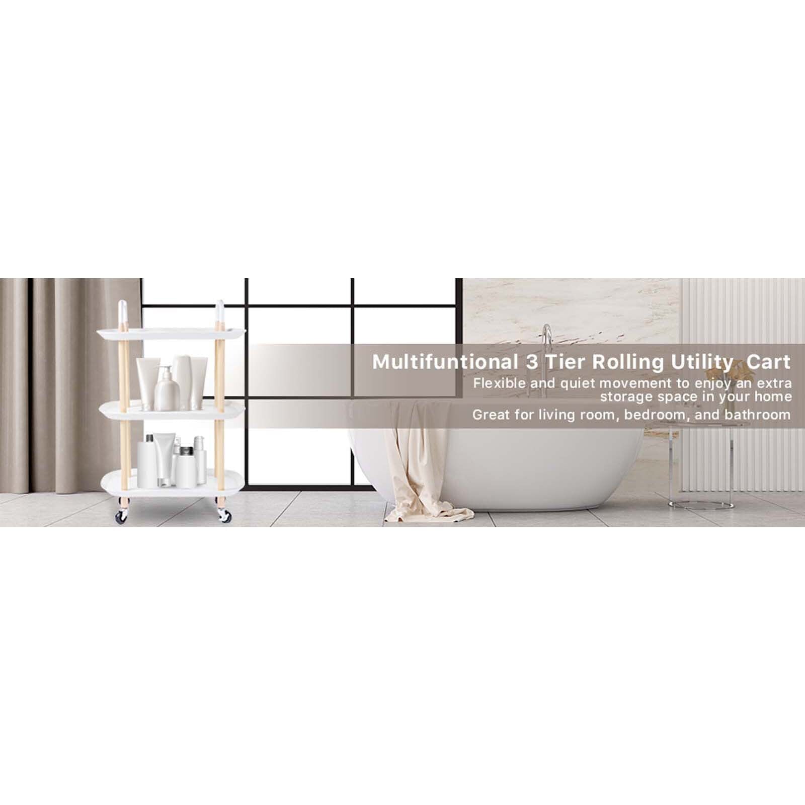 3 Tier Rolling Utility Cart Storage Organizer Service Cart with Handle and Locking Wheels for Home. Bathroom. Office. Kitchen. Coffee Bar. Microwave Cooking Station. White