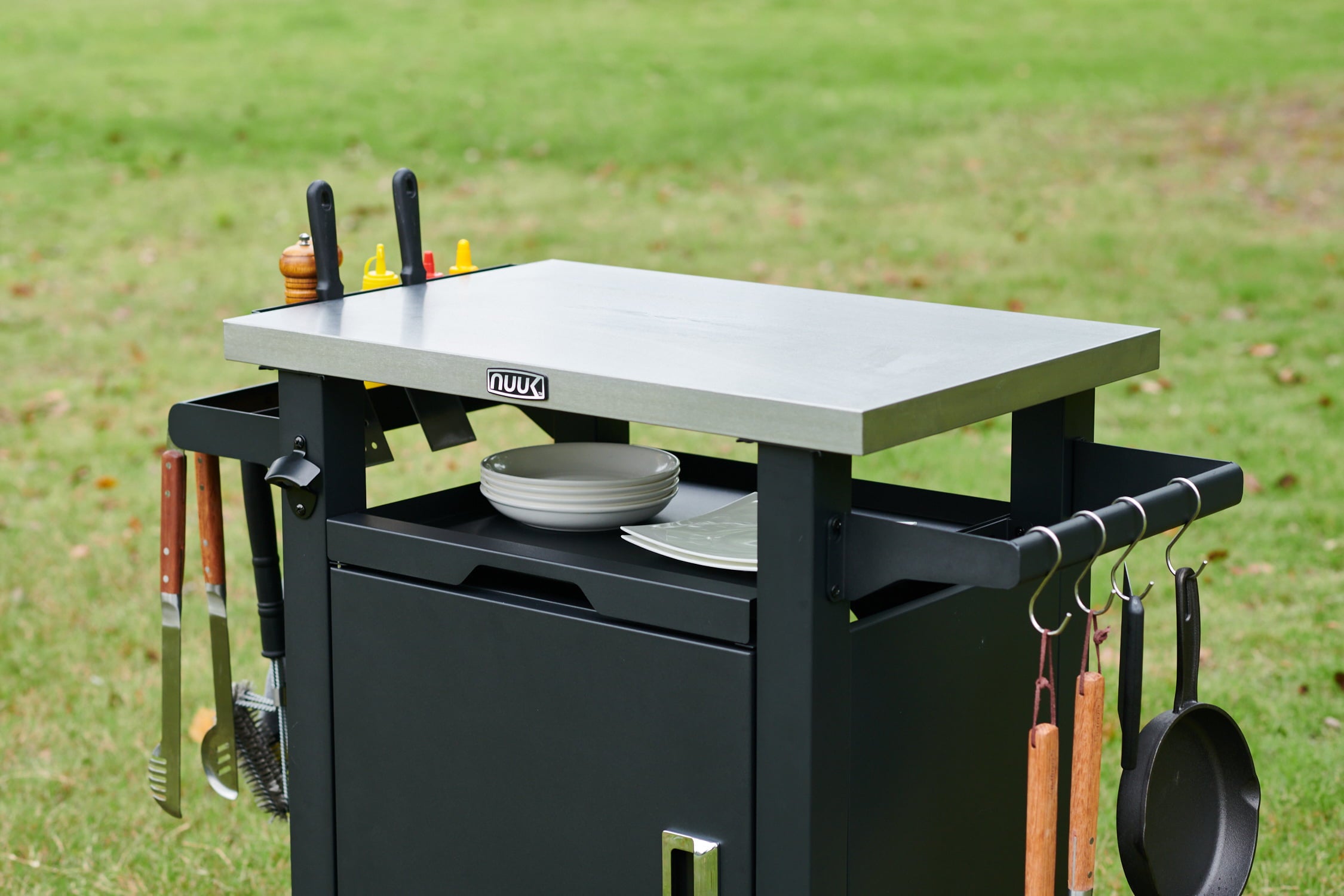 Deluxe 30IN Outdoor Rolling Grill Cook Station. Bar Table with Patio Storage Cabinet and Outdoor Dining Table. Black