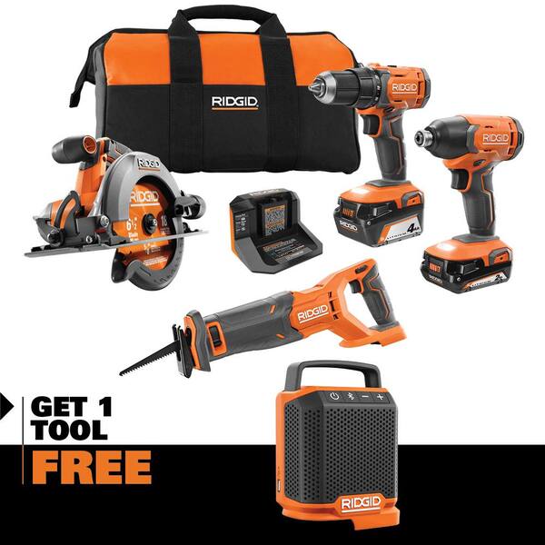18V Cordless 4-Tool Combo Kit with 4.0 Ah Battery. 2.0 Ah Battery. Charger. Bag and 18V Bluetooth Speaker