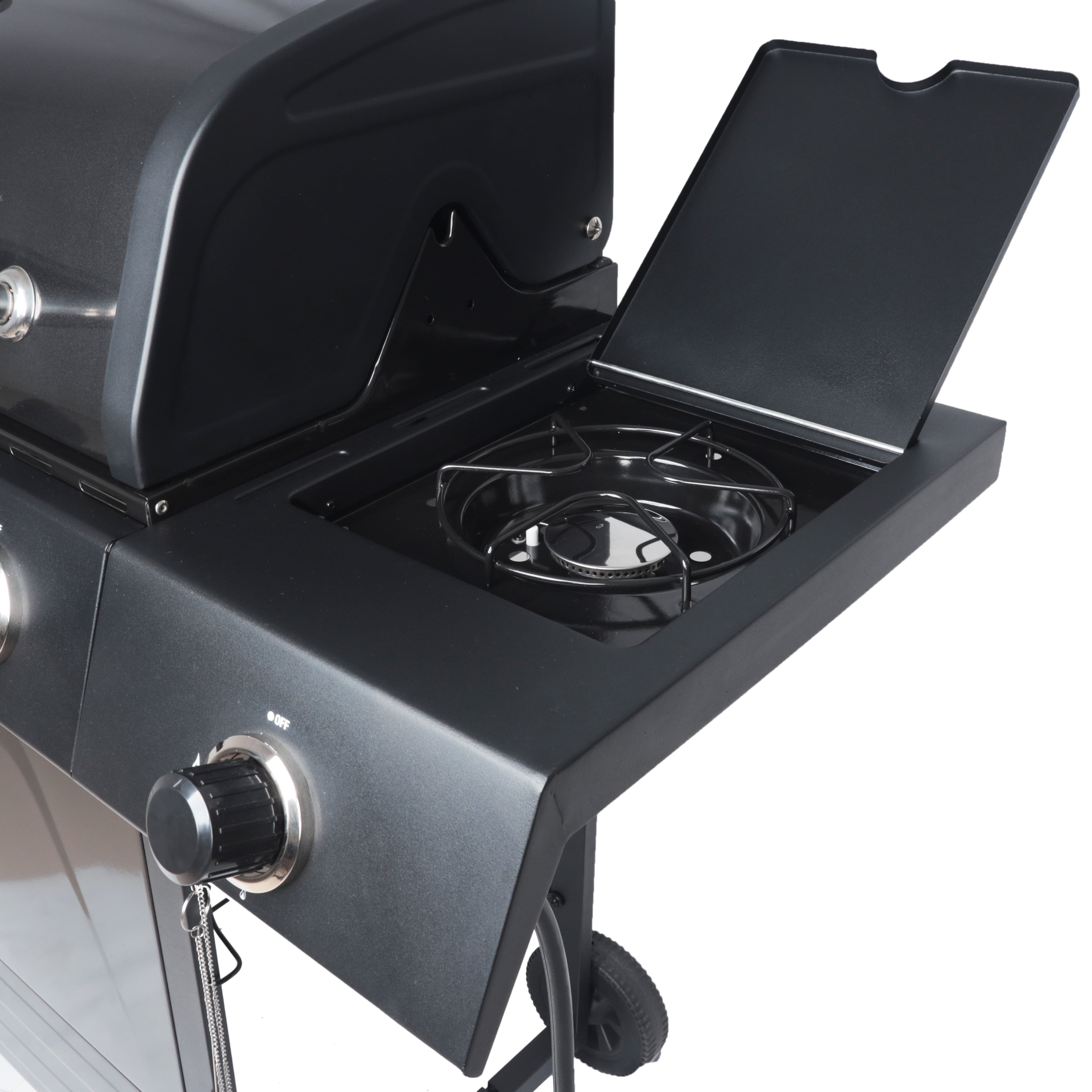 4-Burner Propane  Gas Grill with Side Burner. Stainless Steel & Black