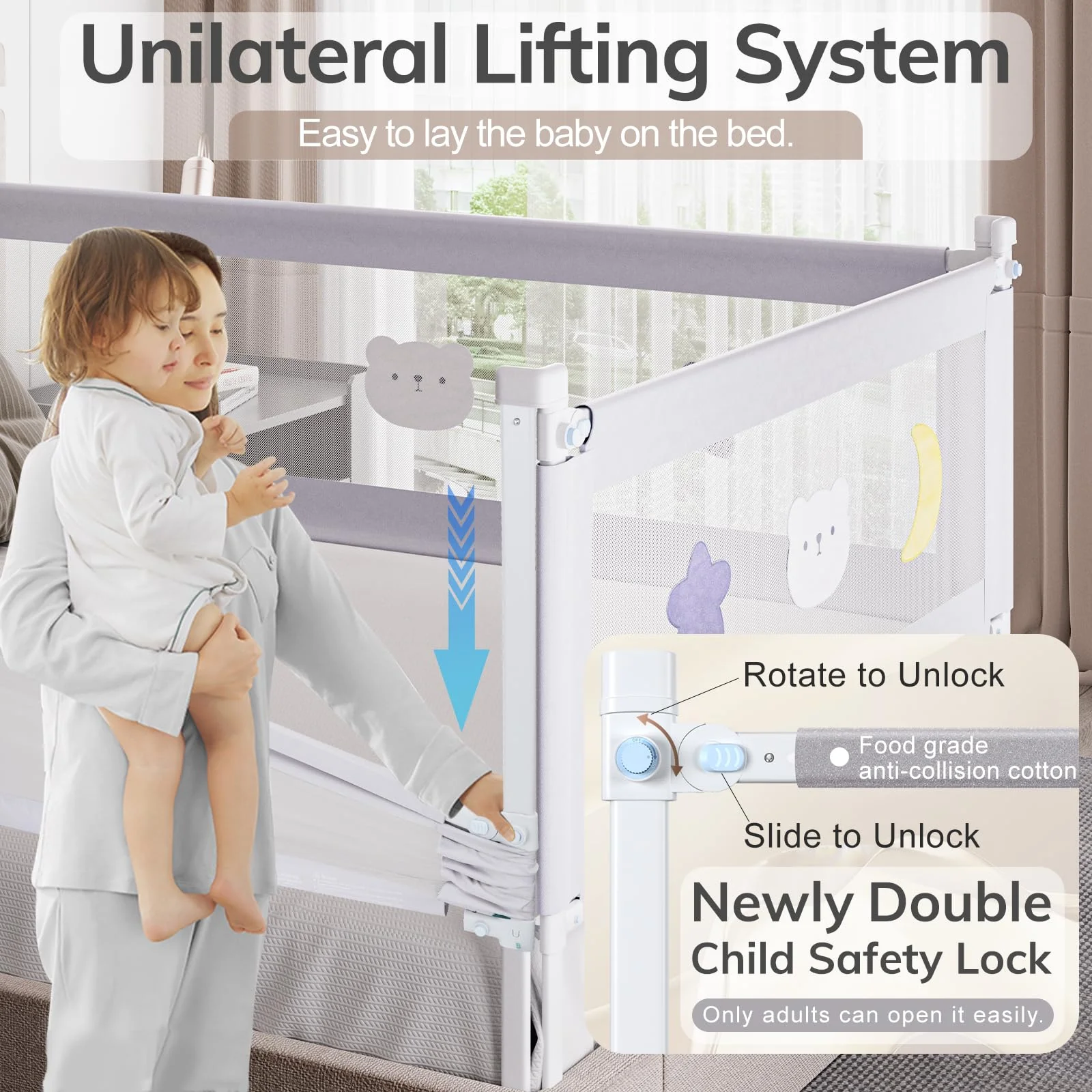 Omzer 3 Pack Toddler Bed Rails with Double Child Lock