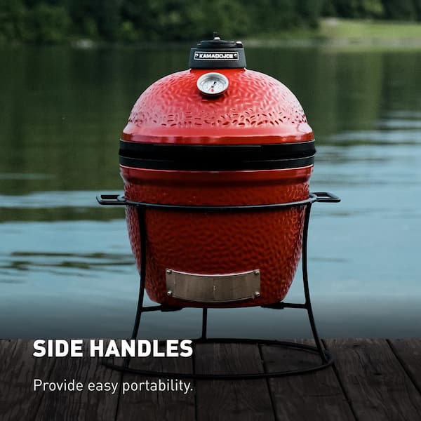 Joe Jr. 13.5 in. Portable Charcoal Grill in Red with Cast Iron Cart. Heat Deflectors and Ash Tool