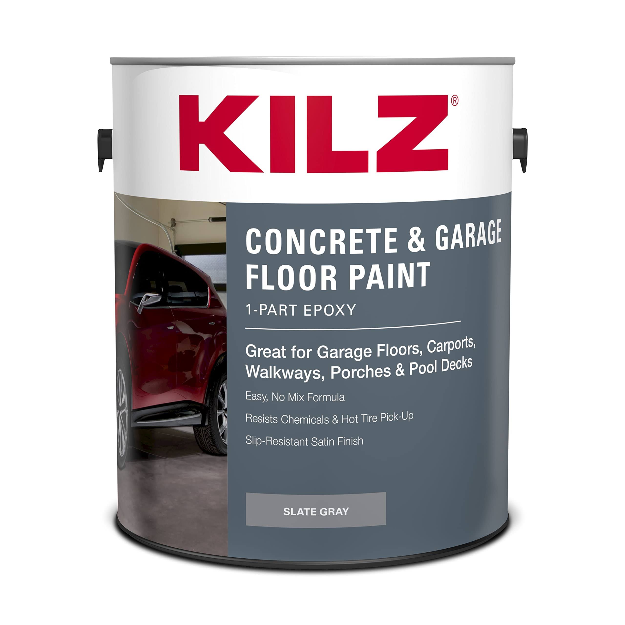Kilz L377711 1-Part Epoxy Acrylic Interior/Exterior Concrete & Garage Floor Paint, Satin, Slate Gray, 1 Gallon