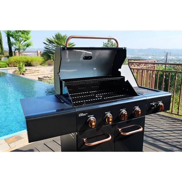 4-Burner Propane Gas Grill with Side Searing Burner in Black with Copper Accent
