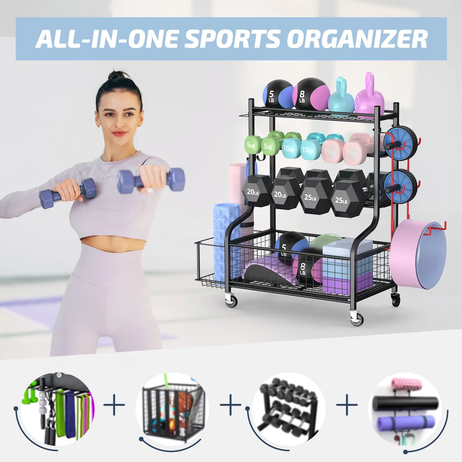 PLKOW Dumbbell Weight Rack for Kettlebells Yoga Mat and Balls