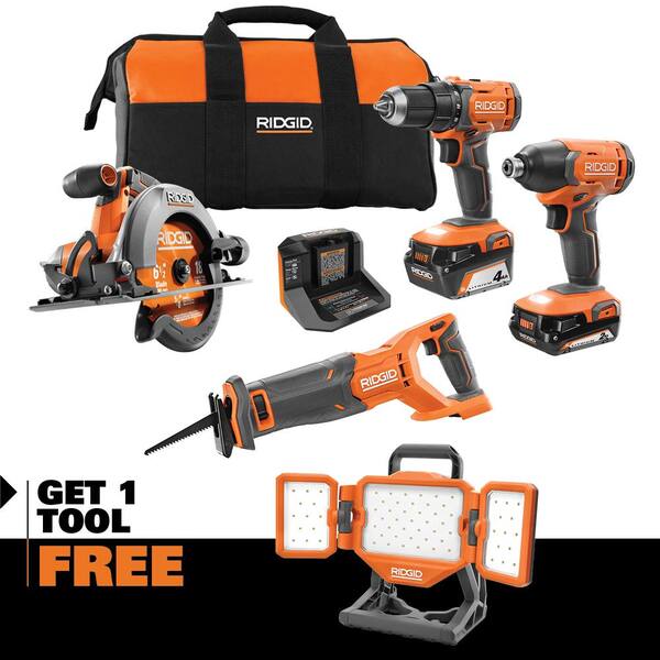 18V Cordless 4-Tool Combo Kit with 4.0 Ah Battery. 2.0 Ah Battery. Charger. Bag and 18V Hybrid LED Light